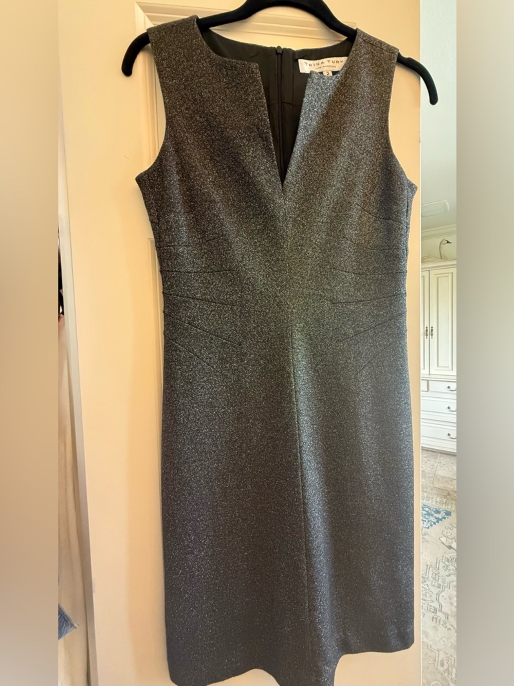 Trina Turk Metallic Sheath Dress in Gunmetal Gray